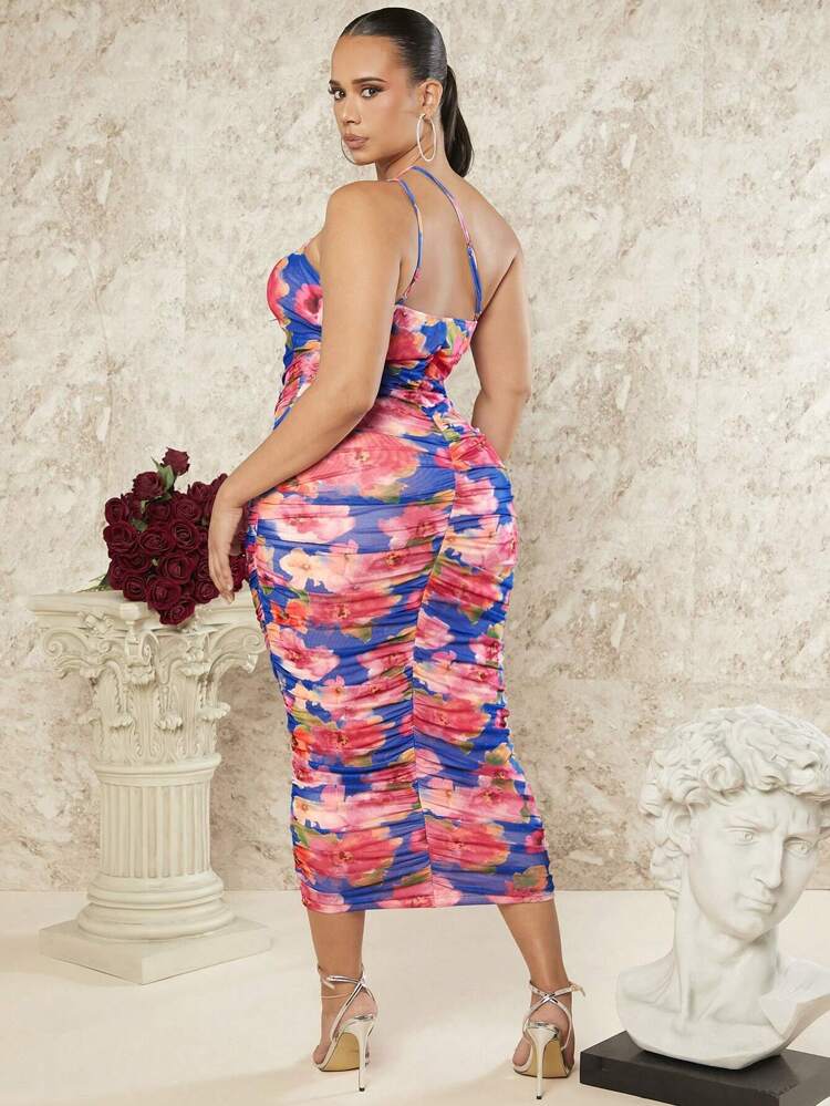 Plus Size Women's One Shoulder Sleeveless Floral Printed Dress
