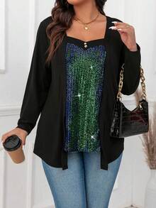 SHEIN Clasi Plus Size Women's Glitter Patchwork 2 In 1 T-Shirt - Multicolor - View 3