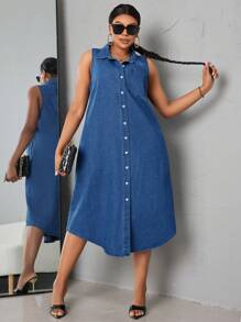 SHEIN SXY Plus Size Women'S Sleeveless Long Denim Dress Milkmaid Dress  Summer Outfits For Women Festival Outfits Sundress Business Casual Woman