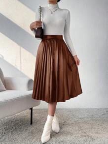 SHEIN Privé 高腰百褶裙 - 棕色 - 查看 3