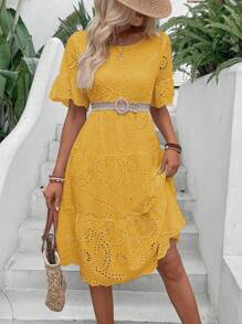 Breezaya Women Dresses Ruffle Hem Scallop Bordir Eyelet Plain Boho - Kuning - View 4