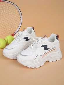 女性時尚舒適透氣運動鞋，帶鞋帶和拼接設計，厚底運動鞋 - 黑色 - 查看 3