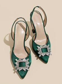 Tacones altos de mujer con puntera puntiaguda, hebilla con rhinestones y correa de tobillo, elegantes y para fiestas - Verde Oscuro - Ver 3