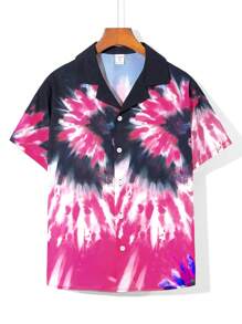 SHEIN Tween Boys' Casual Street Gradient Tie Dyeing & Printed Short Sleeve Open Stitch Loose Shirt - Multicolor - View 3