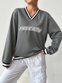 SHEIN MOOSTA Áo nỉ cổ chữ V phối màu kẻ sọc với họa tiết chữ, kiểu áo chui đầu mùa thu. - Xám - Xem 6