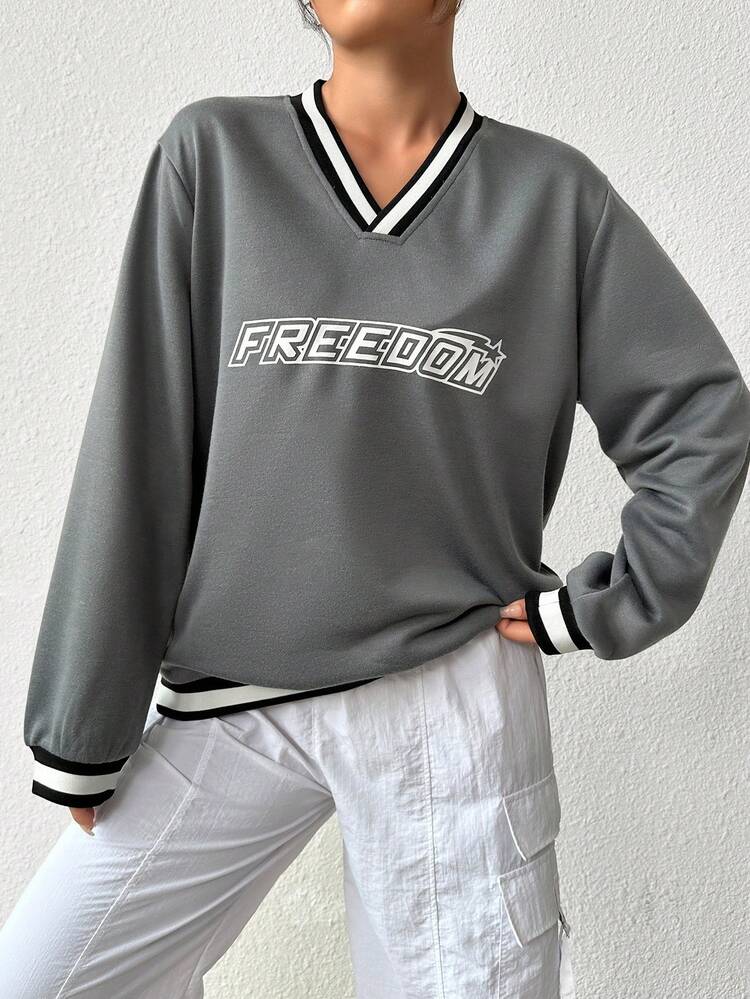 Color Block Striped V-Neck Sweatshirt With Letter Print Pullover Fall Sweatshirt