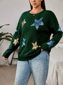 Flirla Women's Plus Size Sequined Star Drop Shoulder Sweater