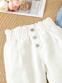 SHEIN Vintaside Kids 2条装女童高腰纸袋扣牛仔裤，时尚秋冬款 - 彩色 - 查看 4