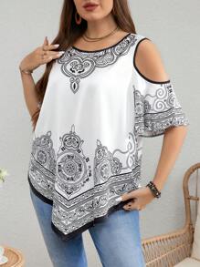 SHEIN LUNE 大码夏季定位印花露肩衬衫 - 黑與白 - 查看 3