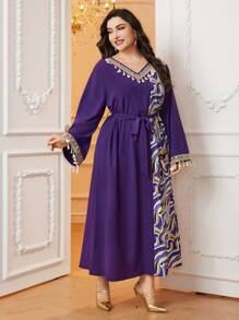 Al Najma Plus Size Printed V-Neck Dress With Tassel Trimmed Flare Sleeves