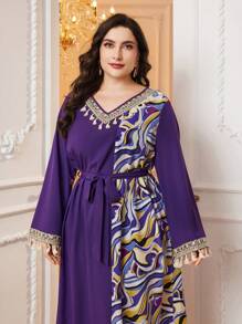 Al Najma Plus Size Printed V-Neck Dress With Tassel Trimmed Flare Sleeves