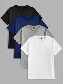 Manfinity VCAY 4pcs Pack Men Knitted V-Neck Casual Short Sleeve T-Shirt, Funny, For Going Out, For Friends, Summer - Multicolor - View 7