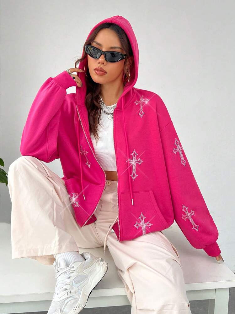 SHEIN EZwear パーカー ピンク色 ストーン付き フード付き