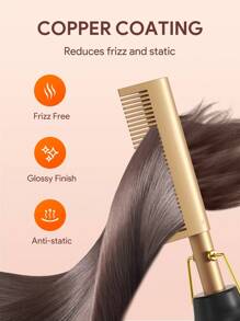 JMMO 2-In-1 Hot Comb Hair Straightener, Electric Comb, Portable Travel Anti-Burn Beard Press-Type Ceramic Curling Smooth Comb-US Plug - Black - View 4