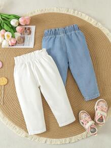 SHEIN Vintaside Kids 2条装女童高腰纸袋扣牛仔裤，时尚秋冬款 - 彩色 - 查看 2