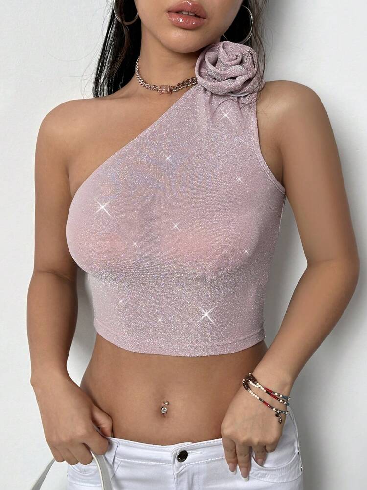Women'S One Shoulder Top With 3d Flower Decoration