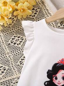 SHEIN Young Girl Young Girls Princess Style Floral Printed Mesh Contrast Ruffle Sleeve Dress - White - View 4