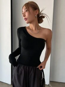 DAZY Camiseta De Manga Larga De Un Solo Hombro, Ajustada Y De Color Sólido Para Mujeres - Negro - Ver 3