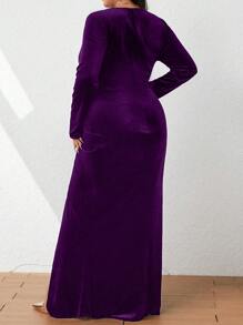 SHEIN Belle Plus Size Women's Deep V-Neck Ruched Front Slit Dress - Purple - View 2