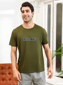 男款字母印花短袖家居服上衣 - 軍綠色 - 查看 5