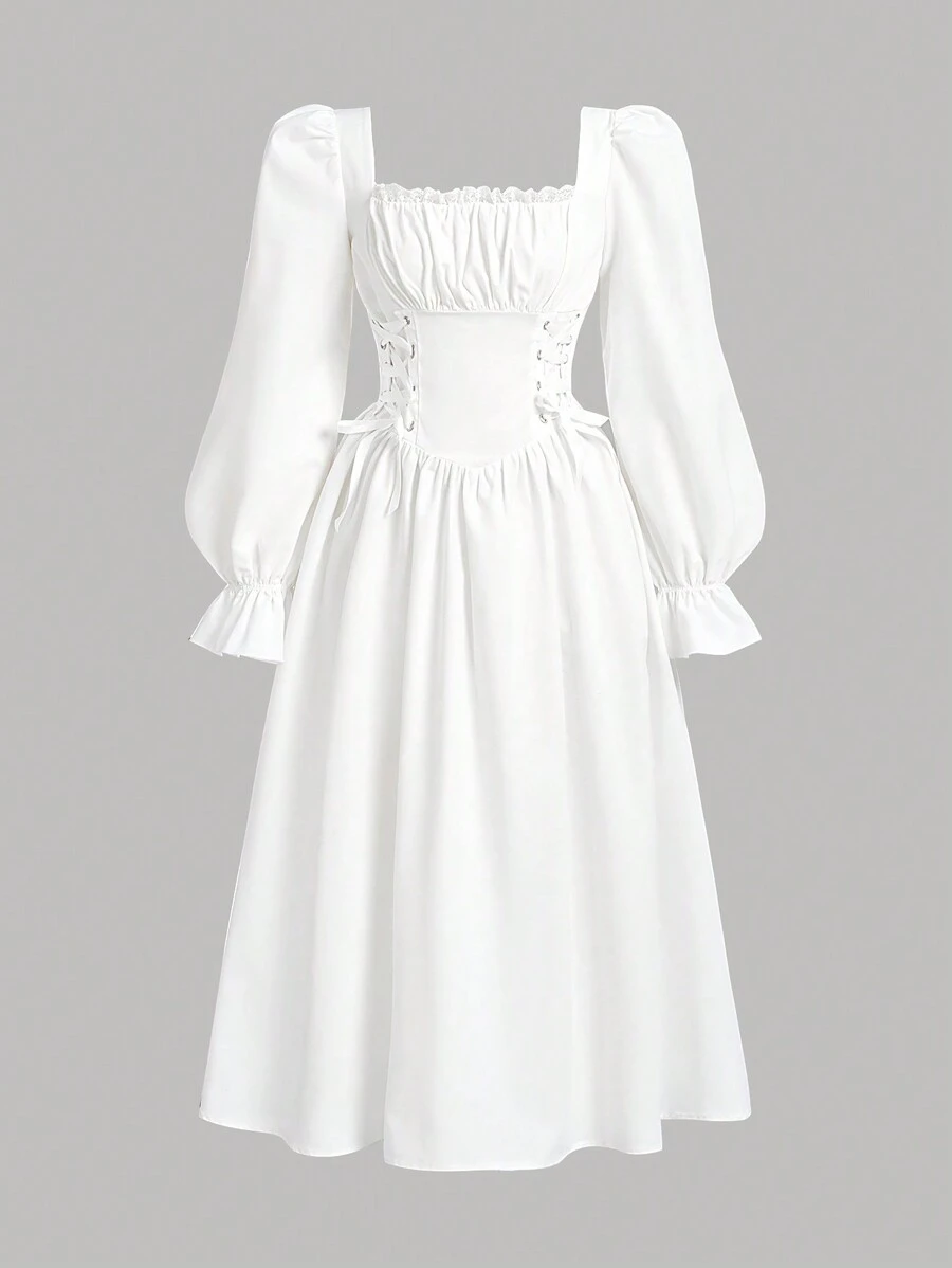 Girlism Vestido campestre casuales para adolescentes con cuello cuadrado tejido de un solo color y mangas con volantes - Blanco - Ver 1
