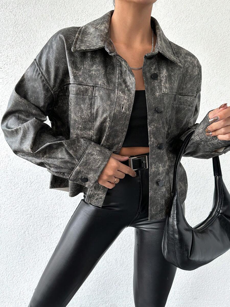 EURMUSE Women's Boyfriend Style Faded Denim Jacket With Drop Shoulder - Black - View 1