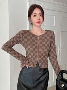 DAZY 镂空格纹前长袖毛衣，秋季服装短款女式上衣格子 - 棕色 - 查看 3