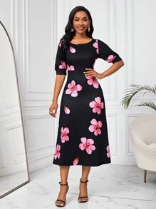 SHEIN Lady Floral Printed Puff Short Sleeve Dress - Multicolor - View 5