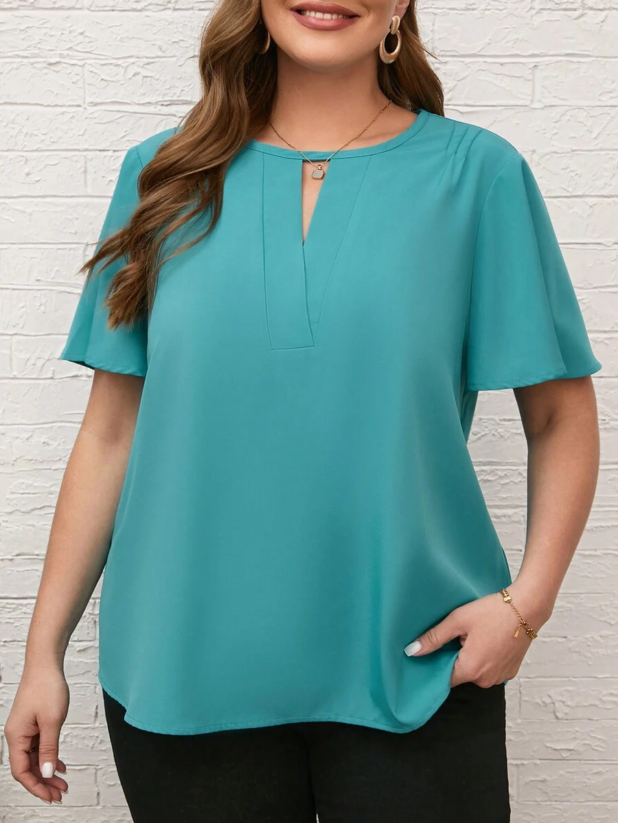 EMERY ROSE Kích thước lớn Mùa hè Đường viền lỗ khóa Bùng nổ Ruffle Ngắn tay Xanh Áo sơ mi - Màu xanh lam - Xem 1