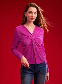 MOTF PREMIUM WOMEN'S TWIST FRONT LONG SLEEVE BLOUSE - Hot Pink - View 8