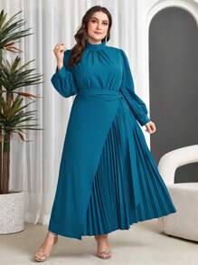 Modelyn Plus Size Plain Stand Collar Wrap Dress With Pleated Hem - Teal Blue - View 5