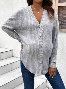 SHEIN 孕妇上扣式落肩长袖 T 恤 - 灰色 - 查看 3