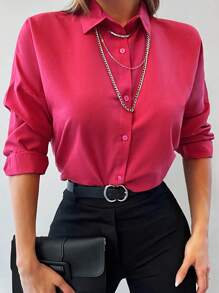 EURMUSE Solid Button Front Shirt - Hot Pink - View 4