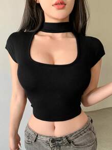 DAZY Women's Hollow-Out Short Sleeve T-Shirt Going Out Tops Crop Women Tops