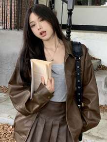 Women's Casual Loose Fit Drop Shoulder Long Sleeve Brown PU Jacket, Suitable For Spring And Autumn