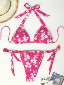 SHEIN Swim Random Printed Padded Bikini Set Summer - Hot Pink - View 3