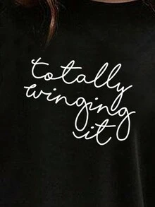 INAWLY Women's Black Loose T-Shirt With Slogan Print - Black - View 4