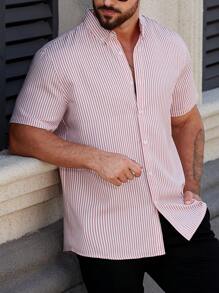 Manfinity Homme Camisa De Manga Corta A Rayas Para Hombre - Rosa - Ver 3