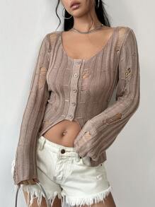 Flirla Distressed Slim Fit Cardigan Sweater Fall Cloth For Women - Brown - View 3