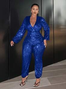 Slaydiva Plus Size Women's Deep V-Neck Shiny Jumpsuit - Royal Blue - View 3
