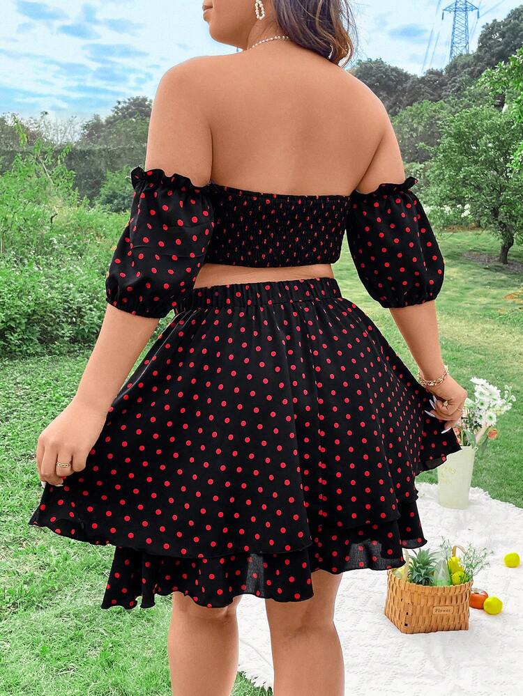 Plus Size Polka Dot Print Off-Shoulder Top And Skirt Set