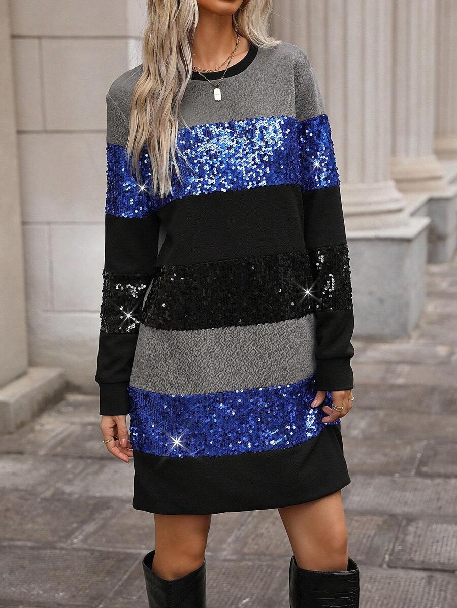 SHEIN LUNE Color Block Glitter Patchwork Long Sleeve Dress - Blue - View 1