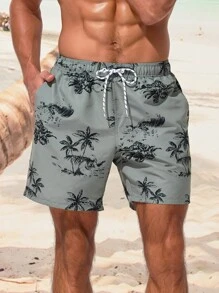 Manfinity Swimmode Men Tropical Graphic Print Drawstring Waist Swim Trunks Pool Shorts, For Beach, Vacation - Army Green - View 3