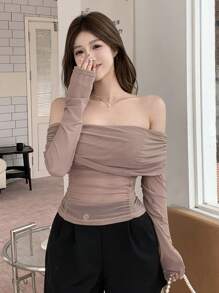 DAZY Women'S Off Shoulder Mesh Long Sleeve Top - Brown - View 3