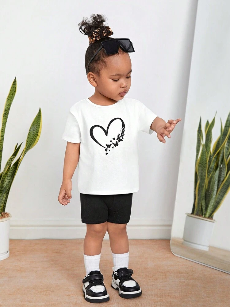 Baby Girl Casual Heart & Butterfly Pattern Short Sleeve T-Shirt With Elastic Waist Shorts Set