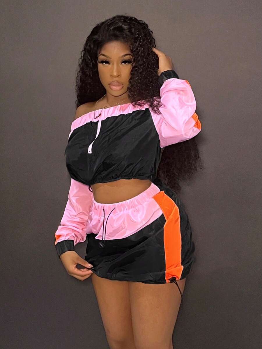 Slaydiva 拼色露肩上衣+抽繩側開衩裙套裝 - 彩色 - 查看 1