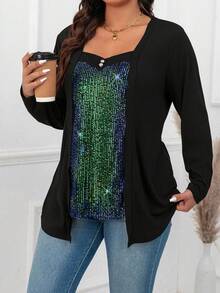 SHEIN Clasi Plus Size Women's Glitter Patchwork 2 In 1 T-Shirt - Multicolor - View 5