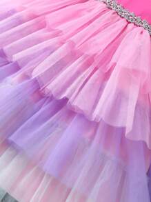 SHEIN Glamorique Kids 年輕女孩編織緞Ribbon拼接漸層網紗拼接裙 - 玫紅色 - 查看 5