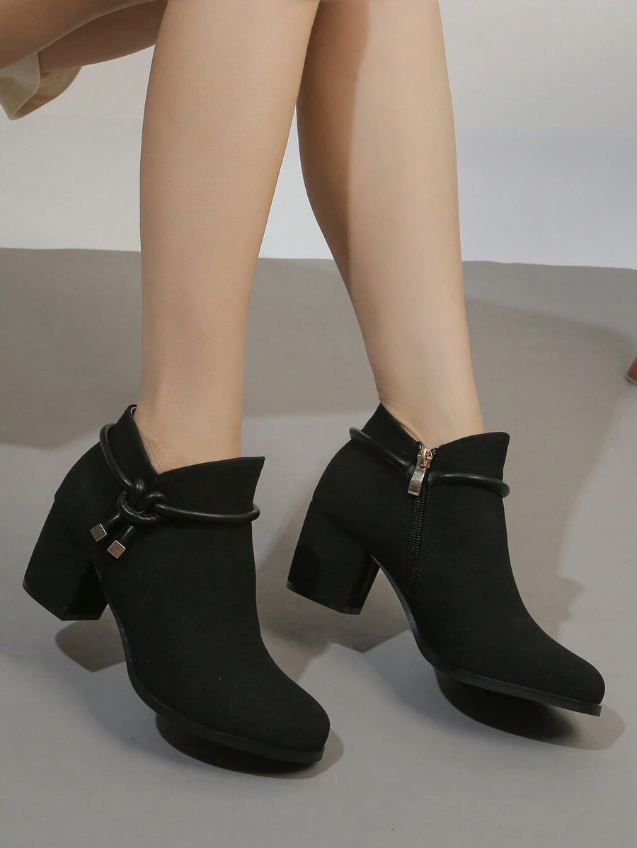 女性時尚短靴,冬季靴款,粗/中跟,純色,毛絨內裡 - 黑色 - 查看 1