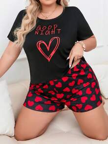 Kích thước lớn Của phụ nữ In Trái tim Ngắn tay Bộ mặc nhà Với giày - màu đen - Xem 4